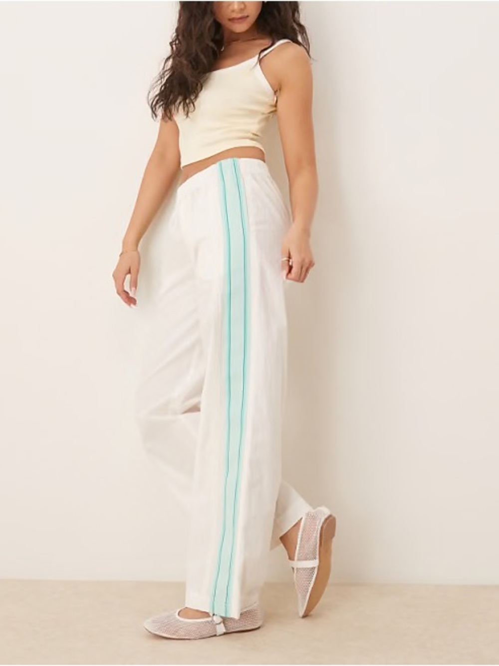 Free People White Wide Leg Pants with Mint Green Stripes